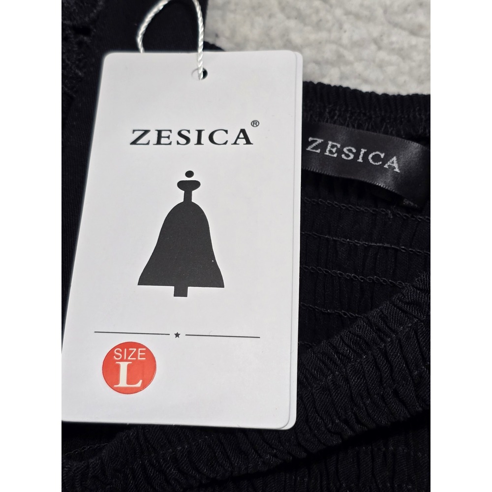 Zesica Black Smocked Crochet Lace Flutter Sleeve Tiered Viscose Dress Large NWT - Picture 4 of 13